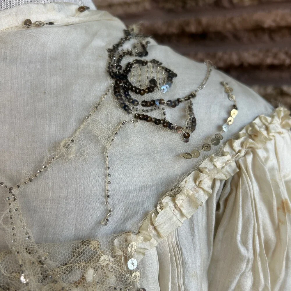 Antique Victorian Ivory Dress Mesh Lace Sequins Distressed Damaged As Is - Picture 14 of 16